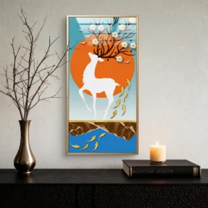 Mystic Deer and Golden Koi Acrylic Wall Art symbolizing prosperity and harmony. Premium glossy acrylic décor for modern living rooms.